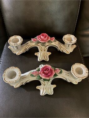 2 Vintage Dresden Germany Porcelain Pink Rose Double Candle Holders